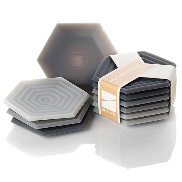 Set of 6 Degrē Coasters (Smoke) by LINE+ARC. 10mm Thick, Dishwasher Safe, Stain-Resistant, Outdoor, Coffee Table, Silicone, Modern, Hexagon, Mid Century, Cup, Drink, Non-Absorbent, Housewarming