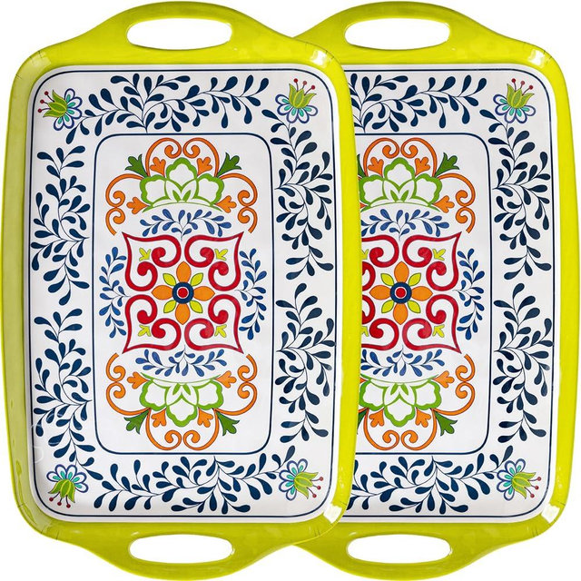 ZAROCRUS Large Serving Platter with Handles,19”x12”Large Rectangular Melamine Serving Tray Set of 2, Kitchen Food and BBQ Serving Platter, Talavera Grilling Prep and Serve Tray, Dishwasher Safe
