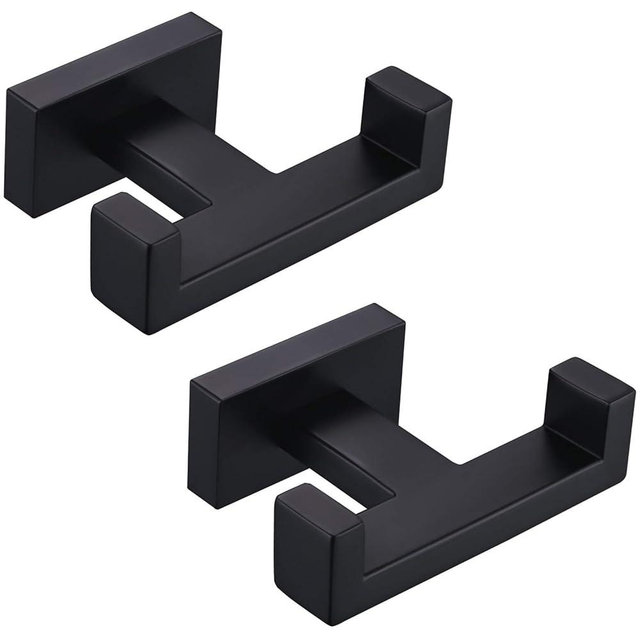 Angle Simple Bathroom Towel Hooks, SUS304 Stainless Steel Shower Double Robe Coat Hooks for Wall, Matte Black, 2 Pack