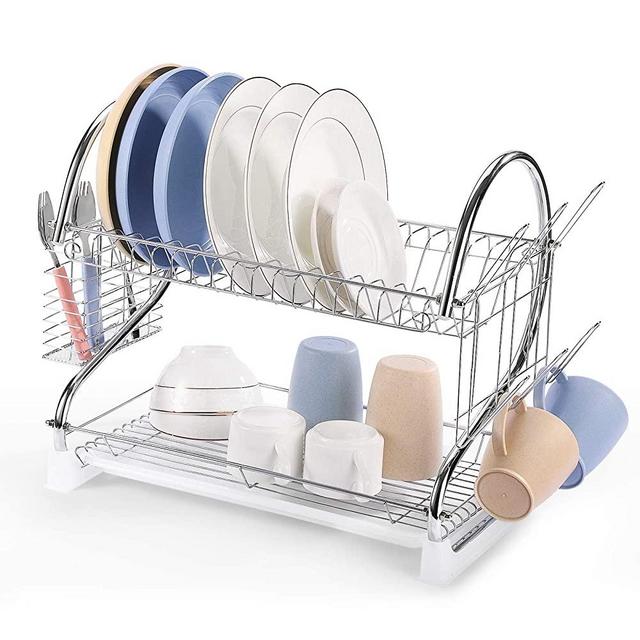 Syntrific 2 Tier Dish Drying Rack,2021 Upgrades Double Rust-Proof Treatment Dish Rack with More Stable Footpad, Utensil Holder, Cup Holder Dish Drainer for Kitchen Counter Top Silver 16.5 x 9.5 x 15