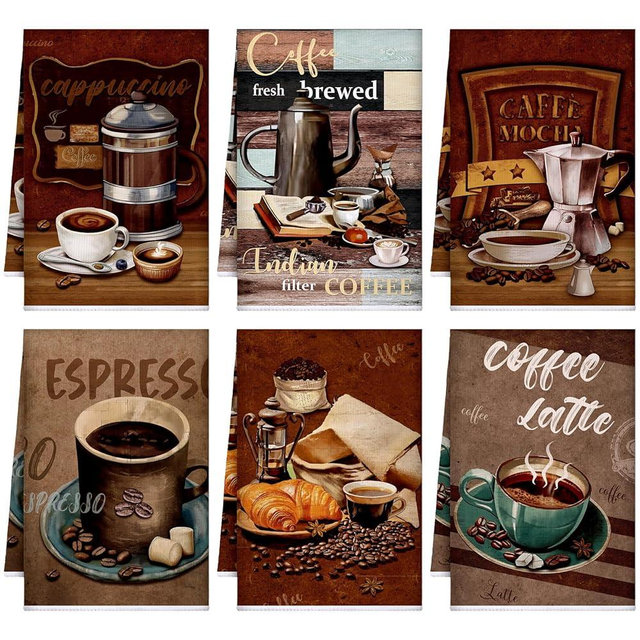 Boyiee Set of 6 Coffee Kitchen Towels Absorbent Dish Towels 24 x 16 Inches Kitchen Gifts Retro Coffee Kitchen Hand Towels Coffee Bar Decor Coffee Lovers Gifts for Kitchen Room Decoration, 60 x 40 cm