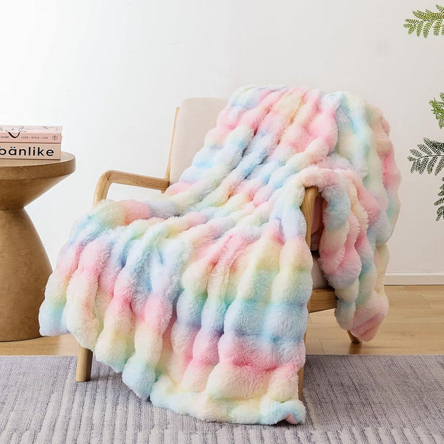 Smoofy Faux Fur Throw Blanket for Couch Rabbit Fleece - Rainbow Fluffy Blanket for Sofa Bedroom Living Room, Cozy Soft Plush Luxury Thick Winter Fuzzy Comfy Bubble Blanket - 50" x 60"