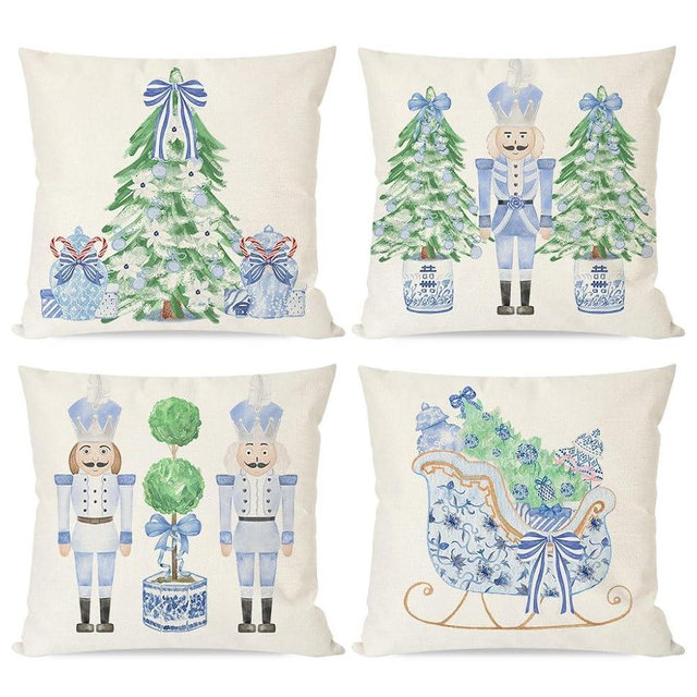 PANDICORN Christmas Blue and White Chinoiserie Throw Pillow Covers 18x18 Inch Nutcracker Sleigh Christmas Tree Bow Green Outdoor Grandmillennial Decorations Xmas Pillow Cases Set of 4 for Couch Decor