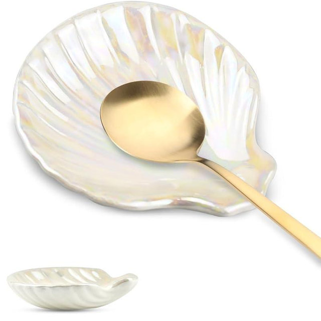 Ceramic Spoon Rest, Small Spoons Holder for Coffee Station Kitchen Counter, Cute Spoon Rest for Coffee Lover Gift Bar Accessories Coastal Decor, Mini Spatula Utensil Jewelry Organizer Tray (Shell)