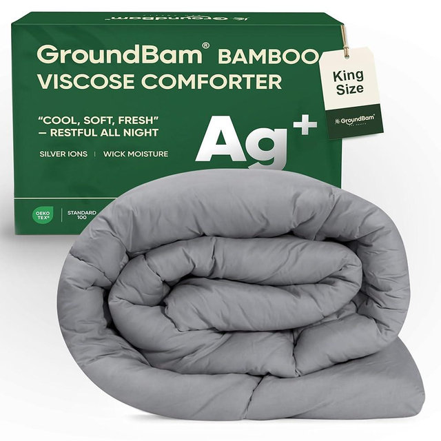 GroundBam Cooling All-Season Down Alternative Comforter, Silver-Treated Lightweight Duvet Insert, Cool-to-The-Touch Bamboo Comforter, 100% Bamboo Viscose Outer Cover - Gray, King