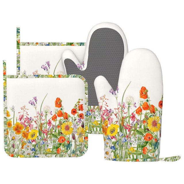 FONOKYPICK Colorful Floral Silicone Oven Mitts and Pot Holders Sets Vintage Botanical Floral Plant Kitchen Mitts Potholder Kitchen Accessories for Cooking Baking BBQ