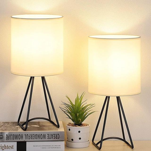 Bedside Table Lamps Set of 2, Black Metal Table Lamp for Bedroom, Modern Lamps for Nightstand, Simple Side Table Lamps with Linen Fabric Lampshade for Kids, Bedrooms, Living Room (Bulb not Included)