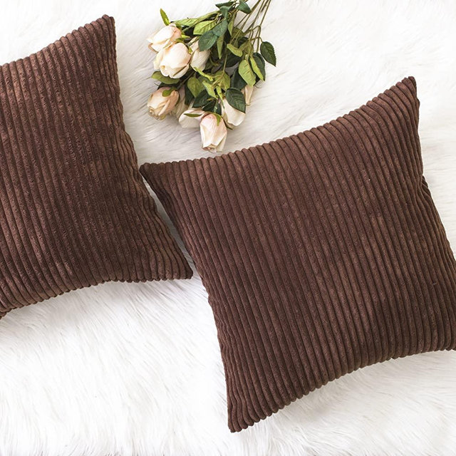 Home Brilliant Throw Pillow Covers 18x18 Set of 2 Solid Plush Corduroy Striped Square Cushion Covers Bed Decor, 18x18 inch, Brown