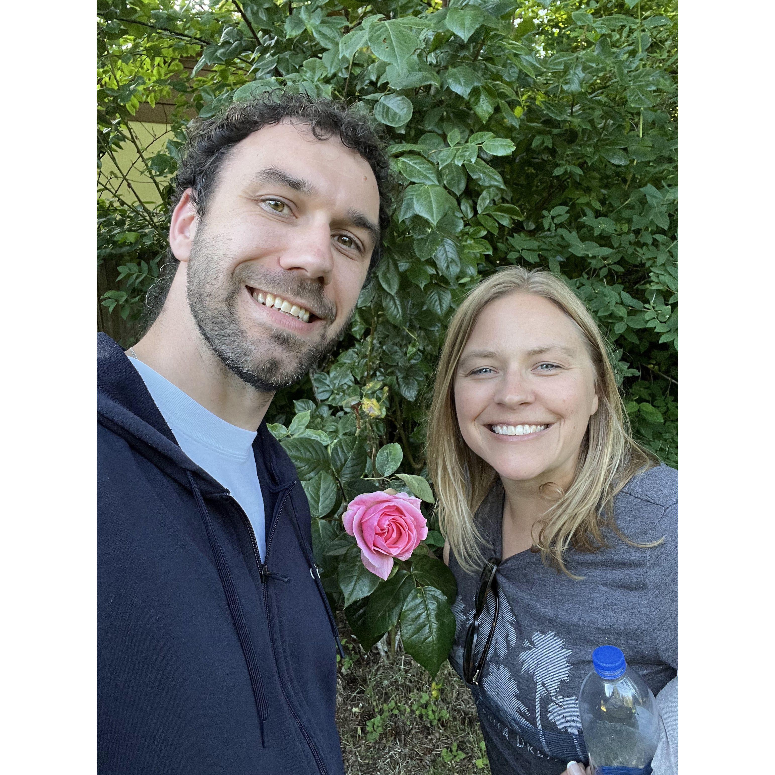 Michele and Tim with Tim's rose bush that had produced the single rose he gave her the night he asked if she would be his girlfriend.