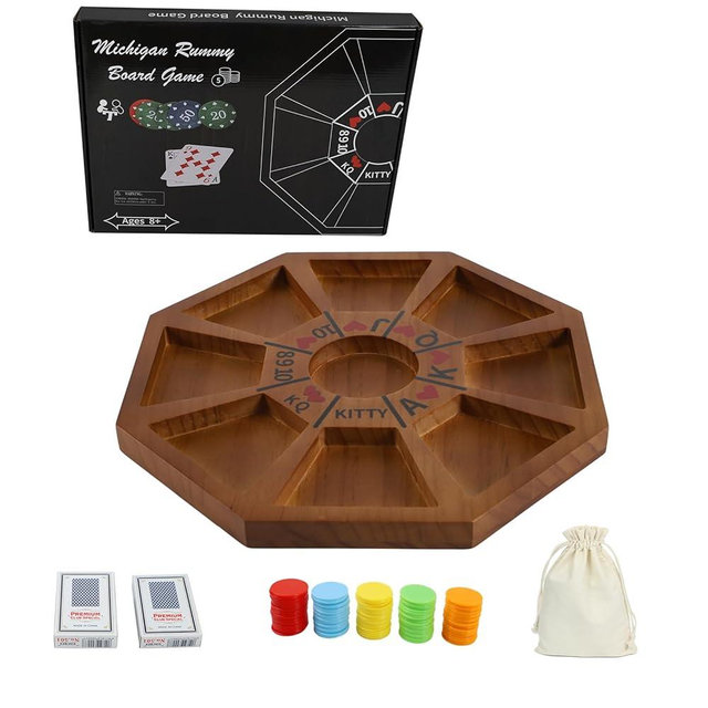 Jyquorp Michigan Rummy Game Deluxe Set Perfect Blend of A Royal Game of Hearts Rummy Poker Wooden Tripoley Board Game Betting Bluffing Game Classical Family Card Game for 100 Chips（Walnut）