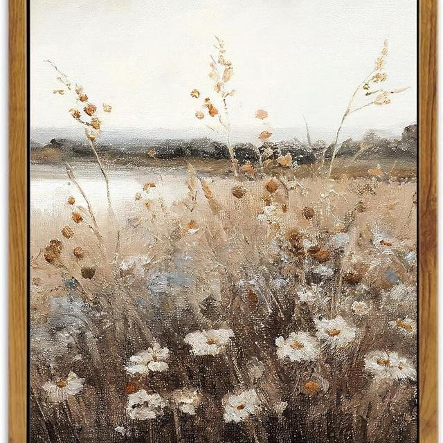 KBKBART Vintage Wall Art Framed, Retro Countryside Autumn Wildflower Field Landscape Canvas Painting Farmhouse Decor Wall Art, Rustic Fall Landscape Bathroom Wall Decor for Bedroom Living Room,