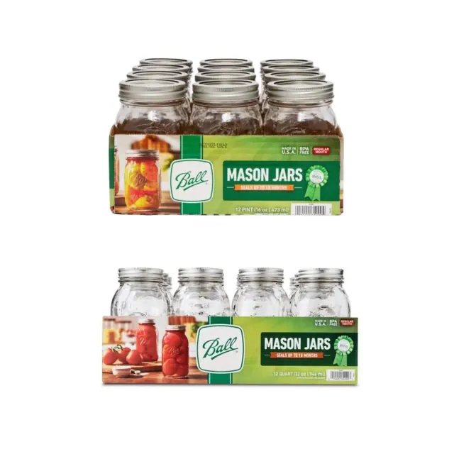 Ball Regular Mouth Glass Mason Jars with Lids and Bands, 12 Pint Size 16 Ounce + 12 Quart Size 32 Ounce Variety Pack