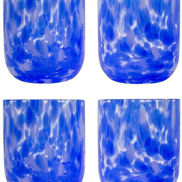 Stephanie Imports Set of 4 Handcrafted Double Old-Fashioned Confetti Drinking Glasses, 12 oz (Ocean Blue & White)