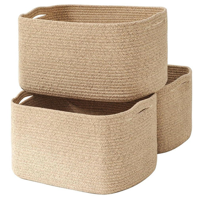 ICERZCZ Large Storage Baskets for Organizing Shelves, Woven Cotton Rope Bins for Baby Nursery Organization, Book Toy Towel Organizer, 17"x13"x9.5", 3 Packs, Brown