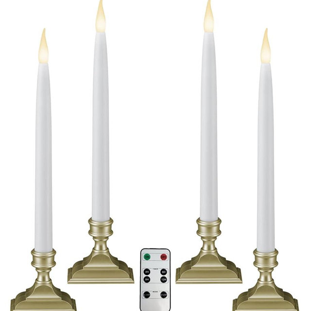 612 Vermont Battery Operated LED Window Candles with Timer, Remote Control, Warm White Flicker or Steady On, VTR1660P-4 (Pack of 4, Pewter)