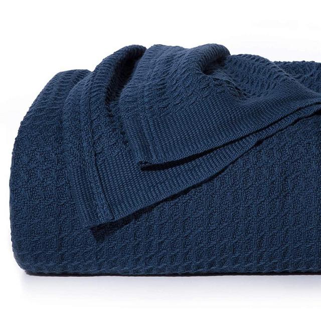 Bedsure 100% Cotton Thermal Blanket - 405GSM Soft Blanket in Waffle Weave for Home Decoration - Perfect for Layering Any Bed for All-Season - Queen Size (90 x 90 inches), Navy