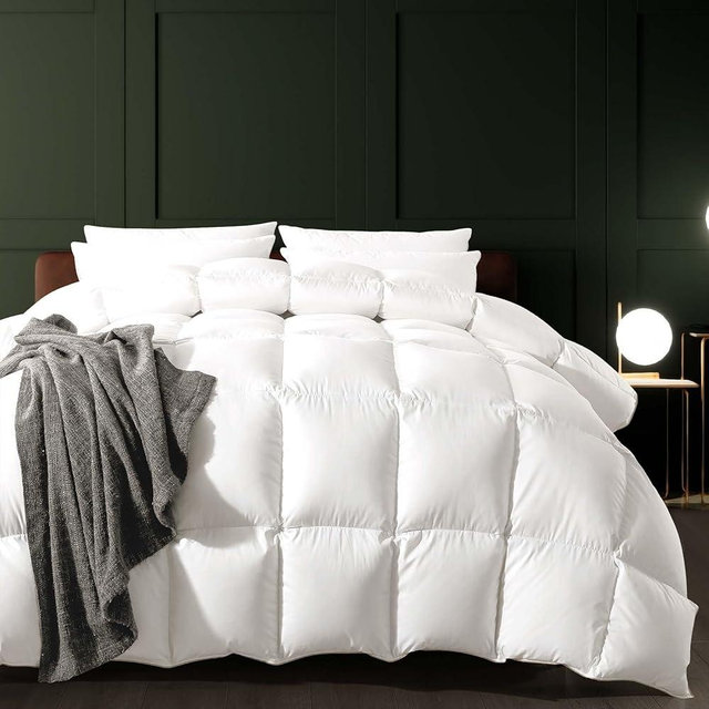WhatsBedding Feather Down Fiber Comforter Oversized King Plus, 100% Cotton Duvet Insert for All Season, Hotel Collection, 8 Corner Loops, 98x120 in, Gold Piping