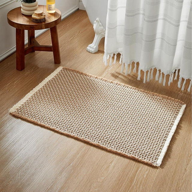 TYUU Boho Bathroom Rugs, Super Absorbent Non Slip Bath Mat Quick Dry Bath Rugs Washable Farmhouse Bathroom Rugs for Bathroom with Non Slip Rug Pad, Khaki and White 36"x24"