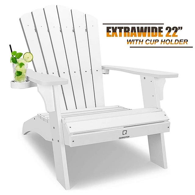 White Adirondack Chair with Cup Holder, Extrawide Poly Lumber Lounge Chair Outdoor Patio Chairs for Garden and Lawn, All Weather Resistant, 38L 30W 41.5H