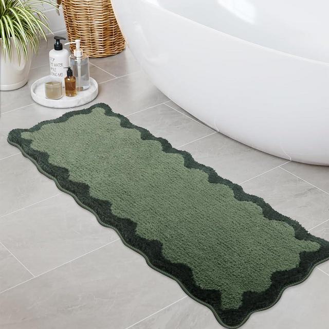 Uphome Bathroom Rug Runner, Green Long Irregular Shaped Bathroom Rug Absorbent Non Slip, 18x47 Soft Cute Machine Washable Shaggy Microfiber Bath Mat for Floor, Tub, Shower
