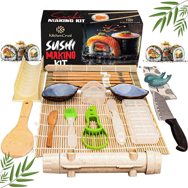 KitchenCrust sushi making kit for beginners 22 in 1 sushi bazooka sushi maker roller bamboo sushi rolling mat Includes Avocado Slicer, Knife, Sushi Mold, Chopsticks, Sauce Dishes