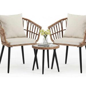 3 Pieces Outdoor Bistro Set, All-Weather PE Rattan Patio Furniture Set with Cushions, Steel Frame Table and Chairs for Balcony, Apartment, Porch, Beige