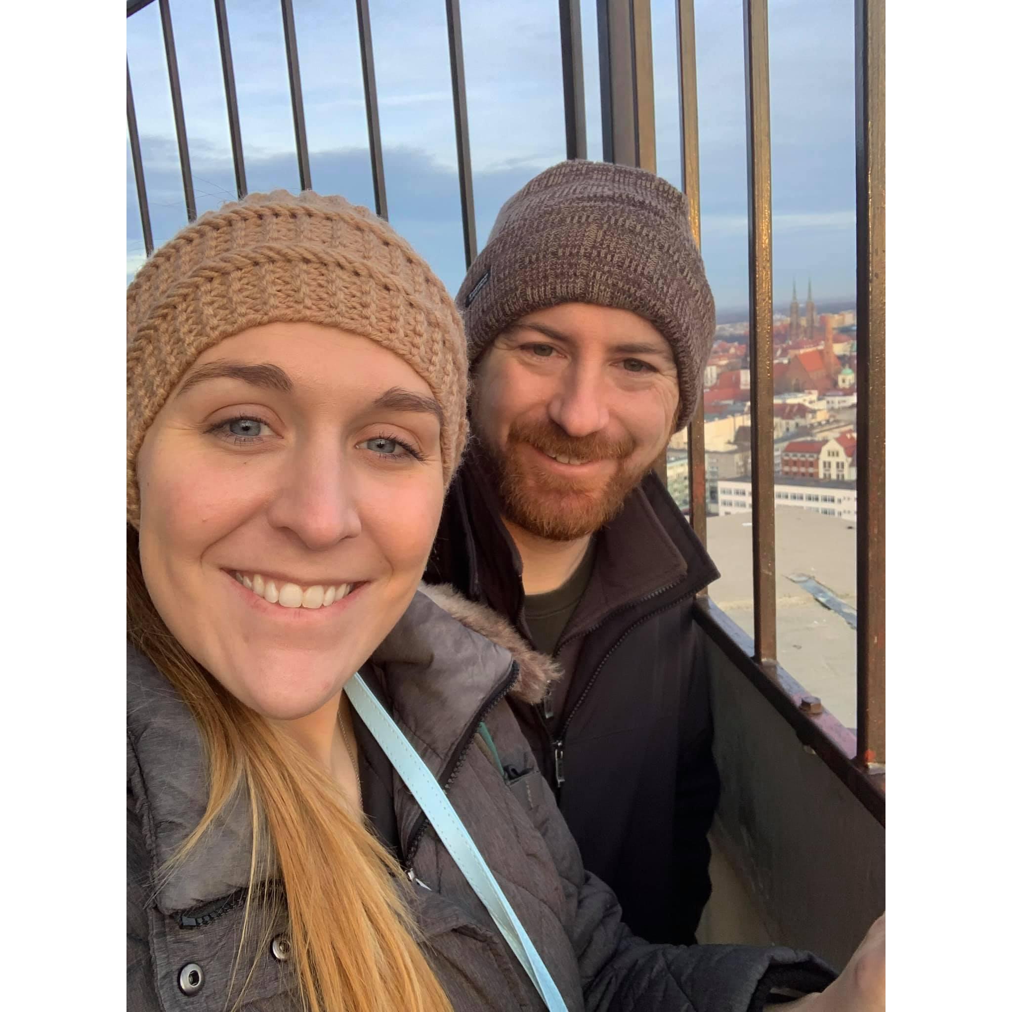 climbed to the top of a church tower in Wroclaw, Poland to admire the view
