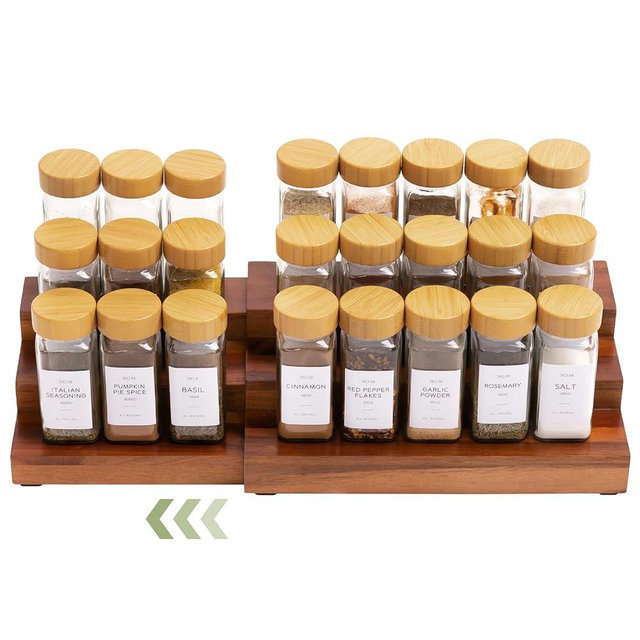 KitchenEdge Expandable Spice Rack Organizer for Cabinet, 3-Tier Shelf for Spice Organization (11” to 22”), Fits 36 Spice Jars, Seasoning and Pantry Storage, Non-Slip Feet, 100% Acacia Wood