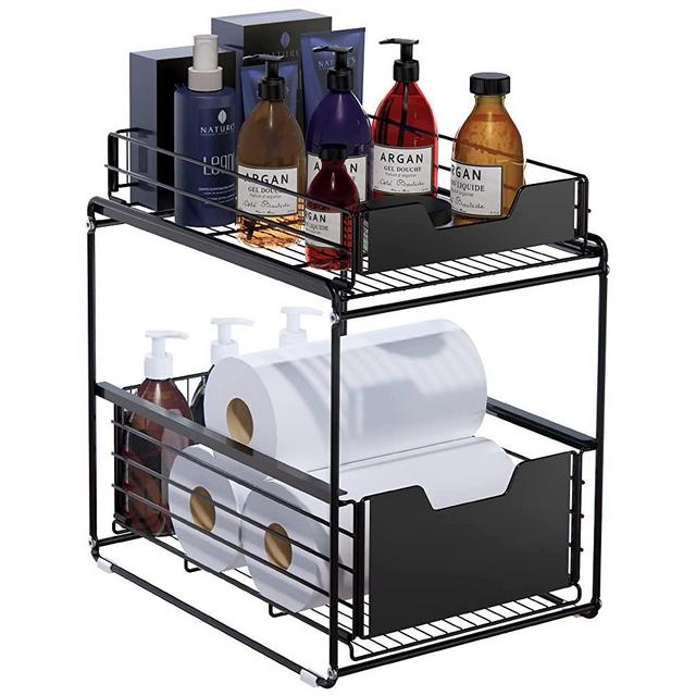 NYYTGE Under Sink Organizer Under Bathroom Cabinet Storage 2 Tier Storage  Rack with 4 Hooks, Under Cabinet Organizer Baskets, Multi-Purpose Under  Sink