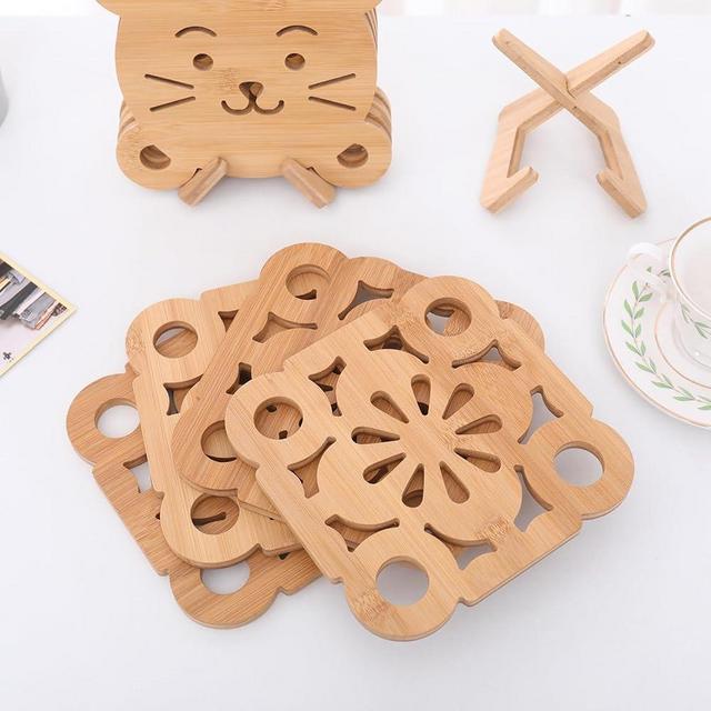 Yonglews Premium Bamboo Wood Pot Holders for Kitchen - Set of 4 Sturdy Heat-Resistant Pads & trivets for hot Dishes, pots 、 Pans 、teapot(7.4x7.4 inches) with Handy Storage Stan
