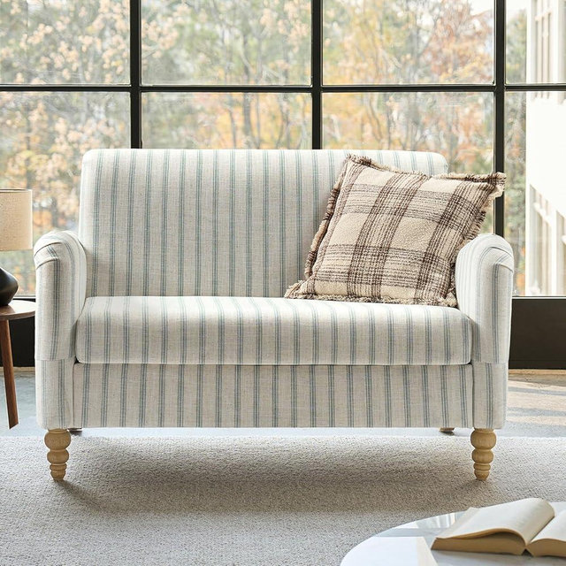 HULALA HOME 50.5" Loveseat Sofa with Stripe Pattern, 2 Seater Farmhouse Sofa with Rolled Wide Armrests and Rubber Wood Legs, Comfy Upholstered Small Couch for Living Room Bedroom, Blue