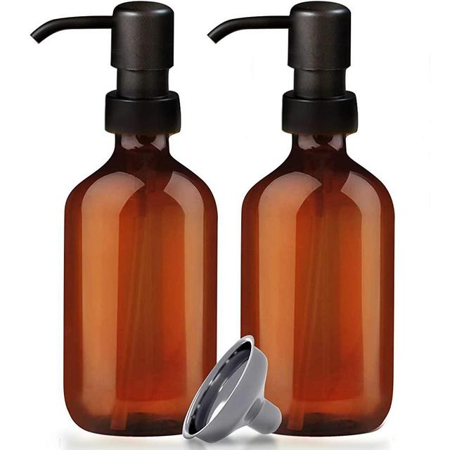 2 PACK Premium Amber Soap Dispenser Multi-Purpose Refillable Plastic Pump Bottles w/Matte Black Dispenser w/Stainless Steel Funnel | Kitchen Decor | Bathroom Decor | Hand Sanitizer Dispenser (500ml)