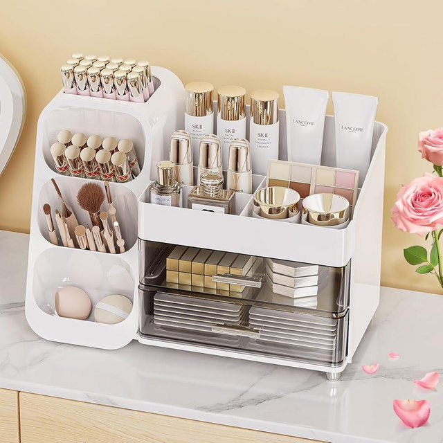 Anylady Makeup Organizer with Drawers, Skincare Organizer (Large Size Thick), Storage Box Cosmetic Display Cases, Make up Organizers for Vanity, Dresser, Desk, Kitchen, Countertop (White)