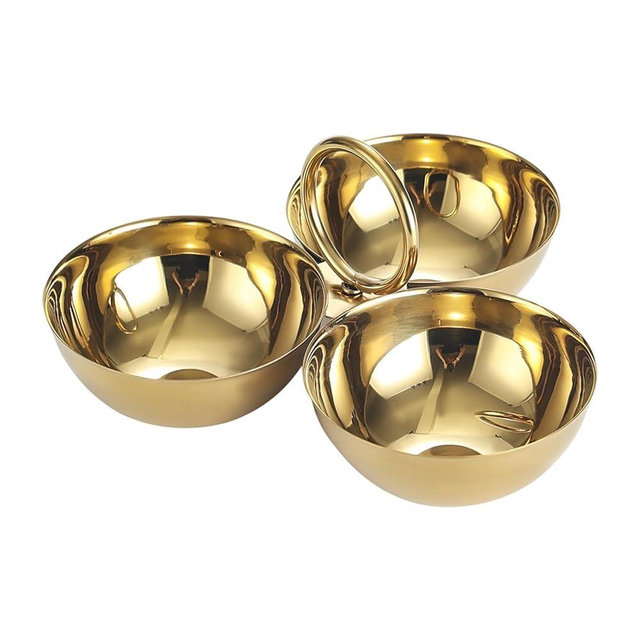 ＫＬＫＣＭＳ Stainless Steel Snack Serving Dishes Appetizer Plates 3 Compartment Food Serving Trays for Bar Home Dining Room Kitchen Nuts, Gold