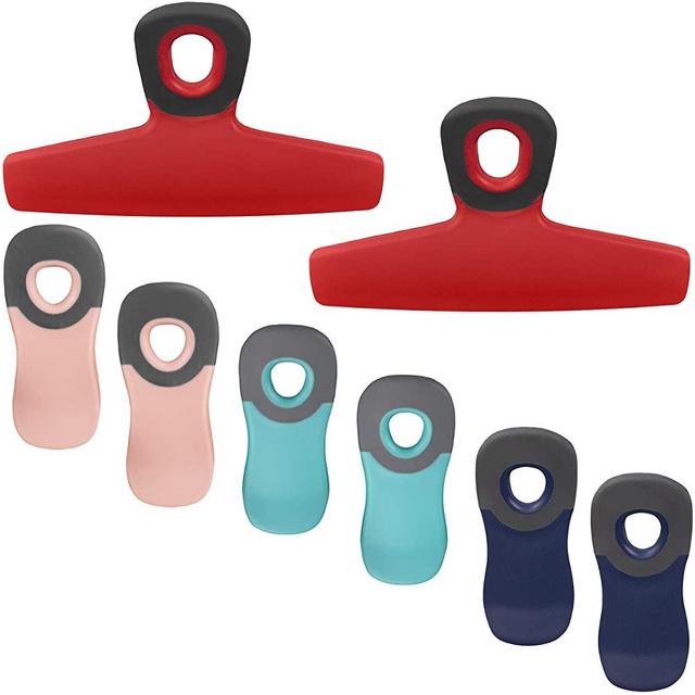 Cook with Color Set of Eight Bag Clips, 2 Large Heavy Duty Chip Clips and 6 Refrigerator Magnet Clips for Food Storage with Air Tight Seal Grip for Snack Bags and Food Bags (Multi Colored)