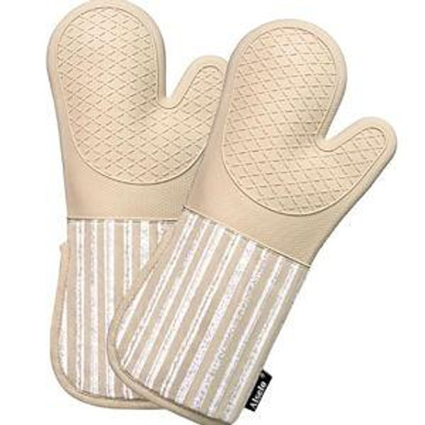 Alselo Silicone Oven Mitts Heat Resistant 932℉ with Waterproof & Non-Slip Kitchen Mittens, Set of 2 Extra Long Oven Gloves with Soft Cotton Terry Lining for Baking Cooking Barbecue (Khaki, 2)