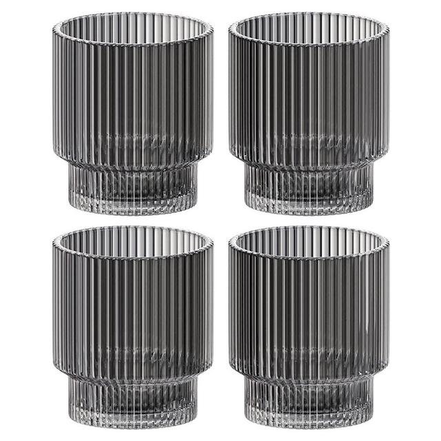 Vintage Art Deco Fluted Drinking Glasses | Set of 4 | 9 oz | Modern Kitchen Glassware Set | Old Fashion Tumbler for Cocktails and Water | Ribbed Lowball Glass Cup for Whiskey (Smoke Grey)