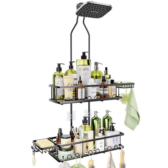 Skyapex Shower Caddy Hanging: Adjustable Height No Blocking to Shower Head - Black Shower Caddy Over Showerhead Shower Organizer - Rustproof Shower Shelves with Hooks 2 Soap Holders