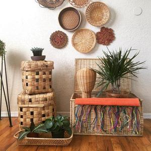 Vintage Set of 2 Square Woven Straw Nesting Baskets