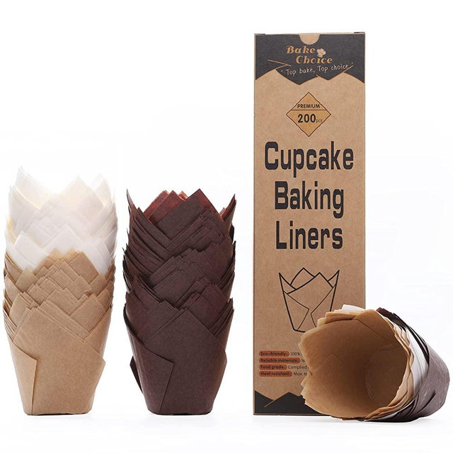 [Nordic Paper] 200pcs Tulip Cupcake Liners for Baking Cups EU Parchment paper Standard Size Tulip Muffin Liners, Cupcake Wrapper, Brown, White, Unbleached Natural for Party, Christmas by Bake Choice