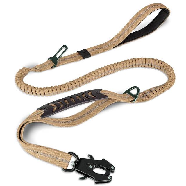 Joytale Tactical Dog Leash Heavy Duty,4-6FT Shock Absorbing Bungee Dog Leash with 2 Padded Handle,Metal Carabiner Clip,Car Seatbelt,Strong No Pull Dog Leash for Medium Large X-Large Dogs,Coyote Brown