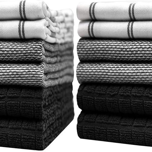 Premium Kitchen Towels (20”x 28”, 12 Pack) | Large Cotton Dish Towels | Flat & Terry Highly Absorbent Kitchen Linen Set with Hanging Loop | Black Check