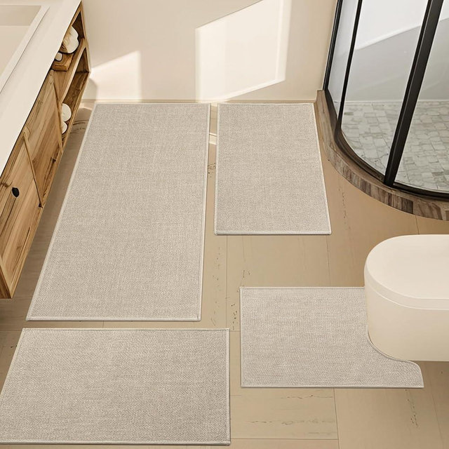 YIHOUSE Bathroom Rugs Sets 4 Piece, Waffle Bathroom Rug, Absorbent Bath Mat Non Slip Washable, Bathroom Mat Quick Dry, Thin Woven Bath Rug Set for Toilet and Floor(Beige)