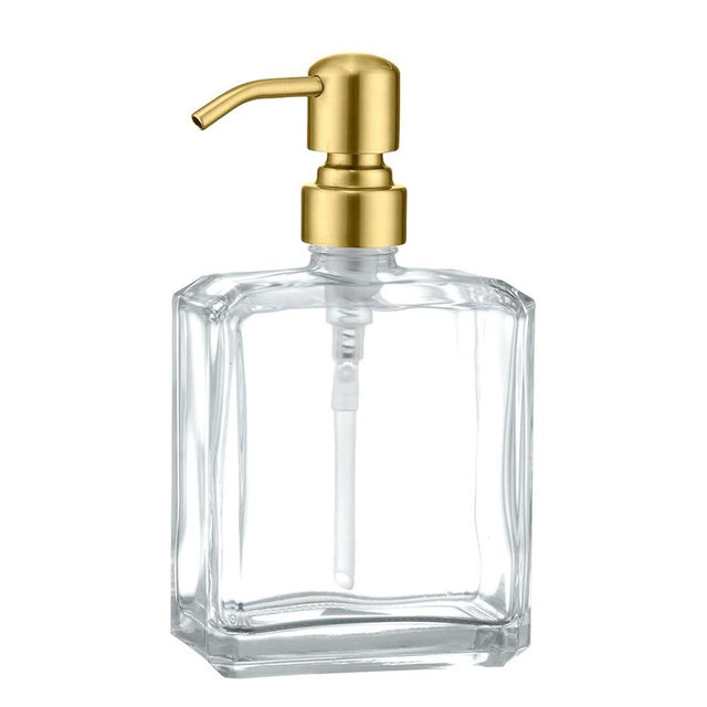 Rzoeox Clear Glass Soap Dispenser with Brushed Gold Pump, 13.5 OZ Liquid Soap Dispenser Square with Stainless Steel Pump with Waterproof Labels for Dish Hand Soap Bathroom Kitchen Vanity Countertop