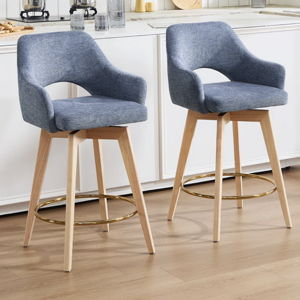 Lovetro Swivel Full Back Linen Upholstered 26.8"H Counter Stool with Solid Wood Frame and Arms (Set of 2) - Blue