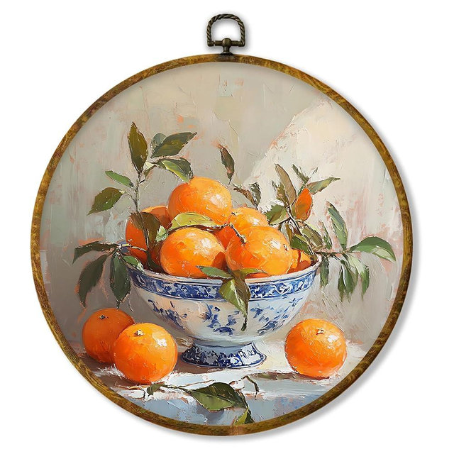 Hiuwevt Chinoiserie Orange Round Wall Art Decor, Retro Still Life Framed Canvas Prints, Blue and White Porcelain Citrus Fruit Round Wall Hanging Decor for Bedroom Home Decorations, 10x10 Inches