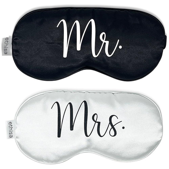 Ethisa Mr and Mrs Sleep Mask - Blindfold Wedding Games for Reception - Groom and Bride Eye Mask for Couples - Wedding Night Bride to Be Sleep Mask - Honeymoon Just Married Black and White Gift Set