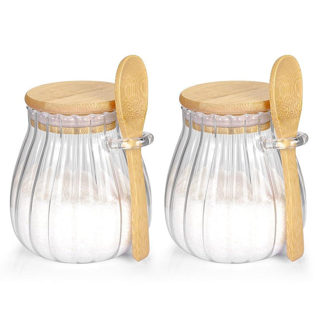 holoith 2Pcs Sugar Container with Bamboo Lid and Spoon,15oz Sugar Bowl Glass Jar for Coffee Bar Accessories Coffee Canister Kitchen Decor Housewarming Gift Christmas Refillable Design