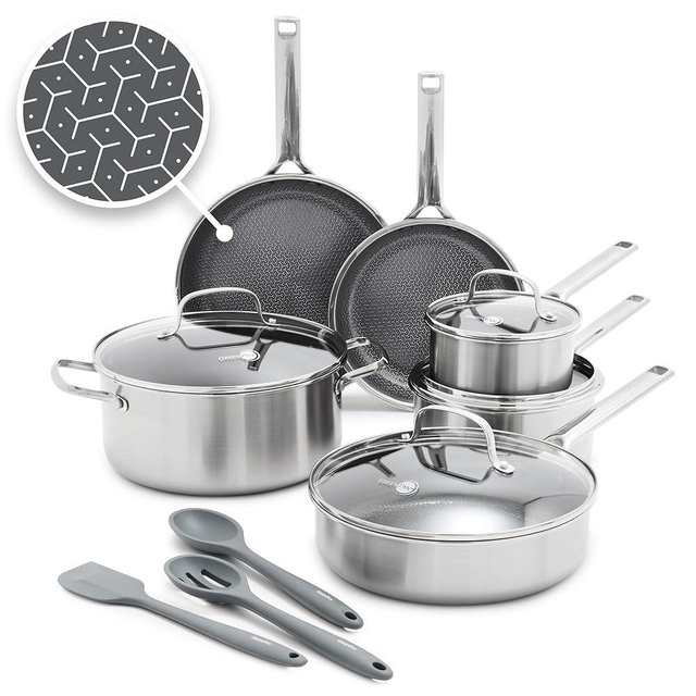 GreenPan Hybrid 13 Piece Nonstick Stainless Steel Cookware Set, APEX Tri-Ply Thermobond PFAS-Free Ceramic Pots & Pans, Induction & All Cooktop Compatible, Oven Temp to 850°F, Dishwasher Safe, Silver