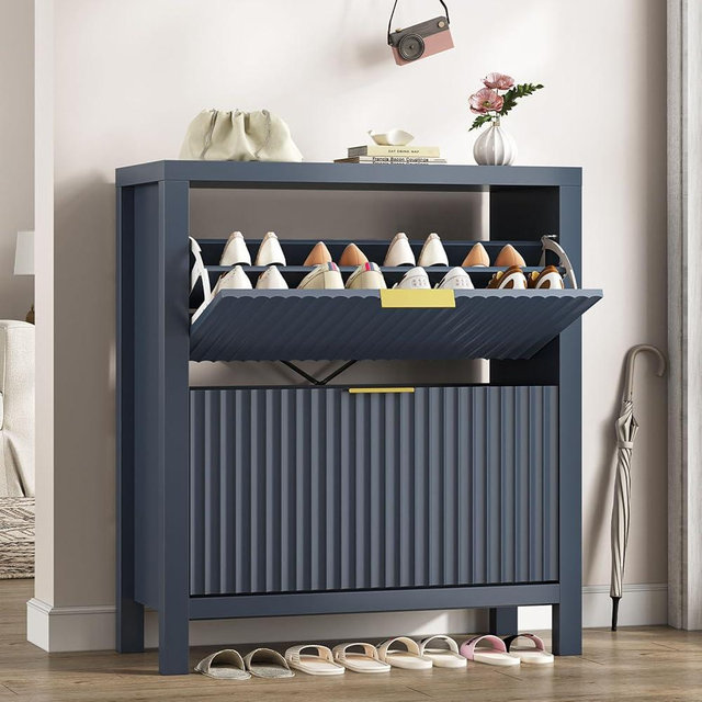 YOMILUVE Shoe Cabinet Storage for Entryway, Fluted Shoe Cabinet with 2 Flip Drawers, Hidden Shoe Rack Tall Freestanding Shoe Organizer with Legs for Hallway, Blue